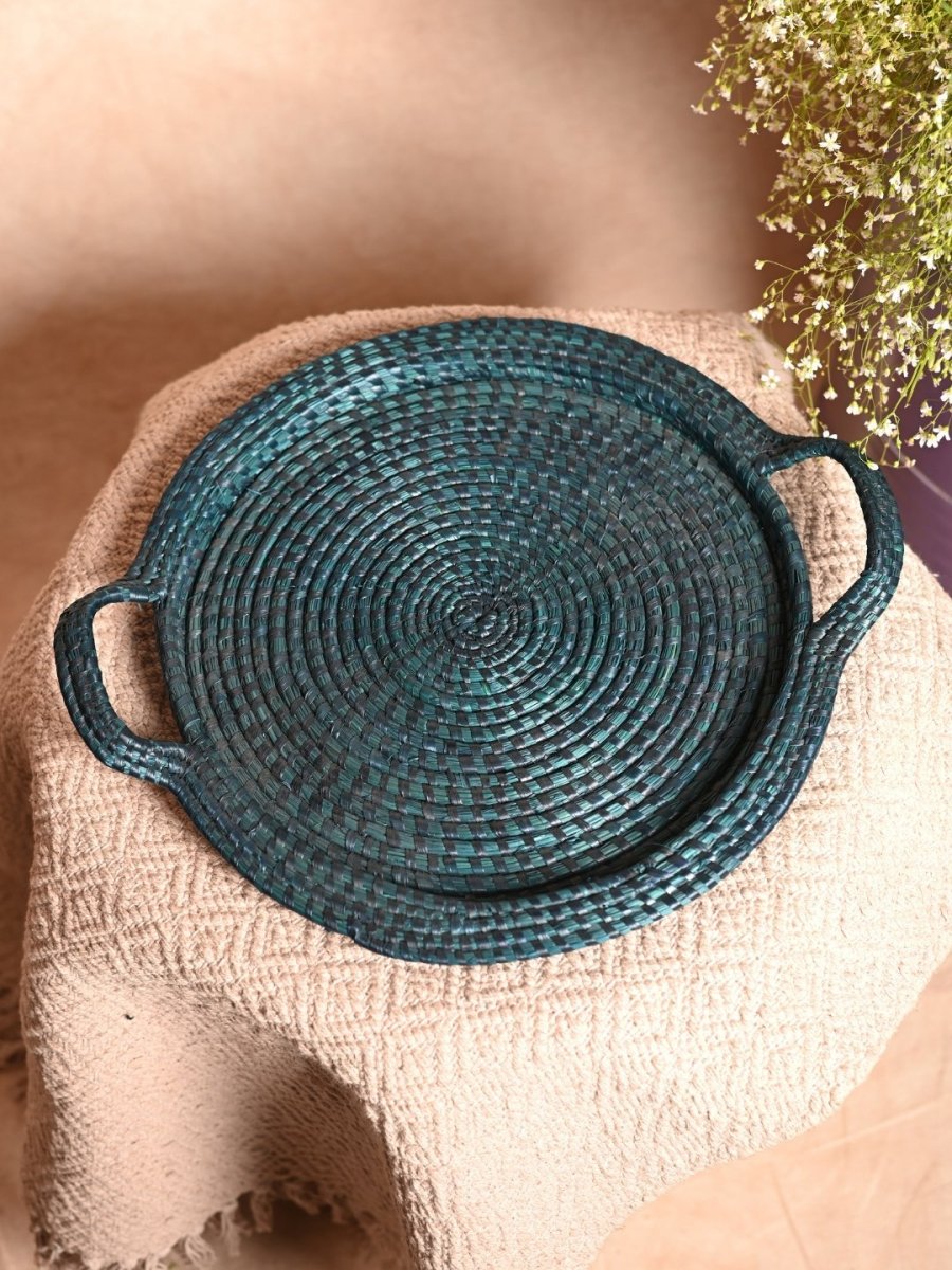 Handmade Moonj Round Centre Platter Tray - Indigo - Kadam Haat