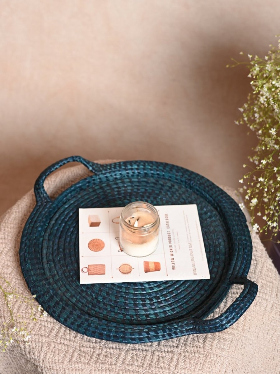 Handmade Moonj Round Centre Platter Tray - Indigo - Kadam Haat