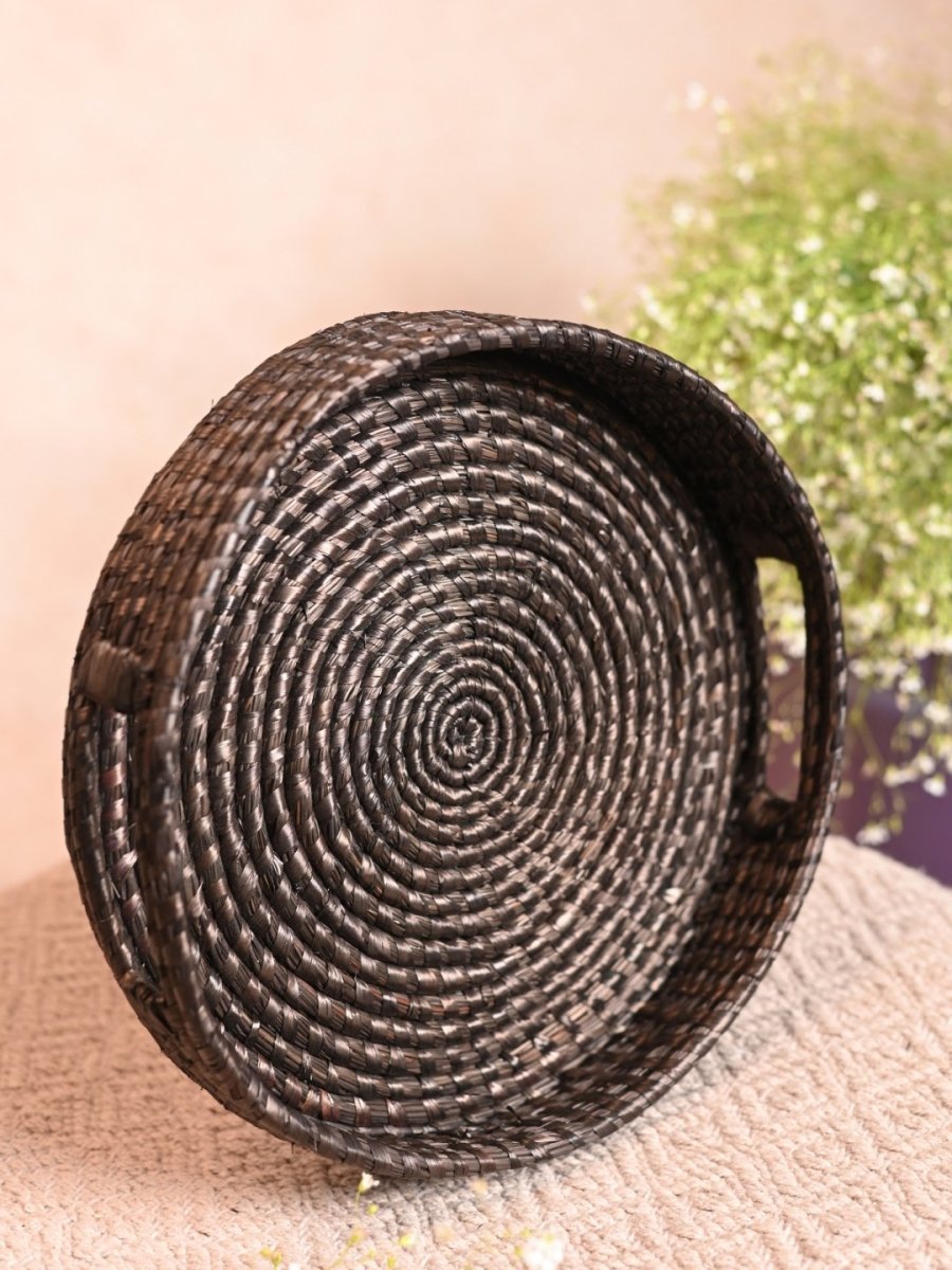 Handmade Moonj Round Tray - Black - Kadam Haat