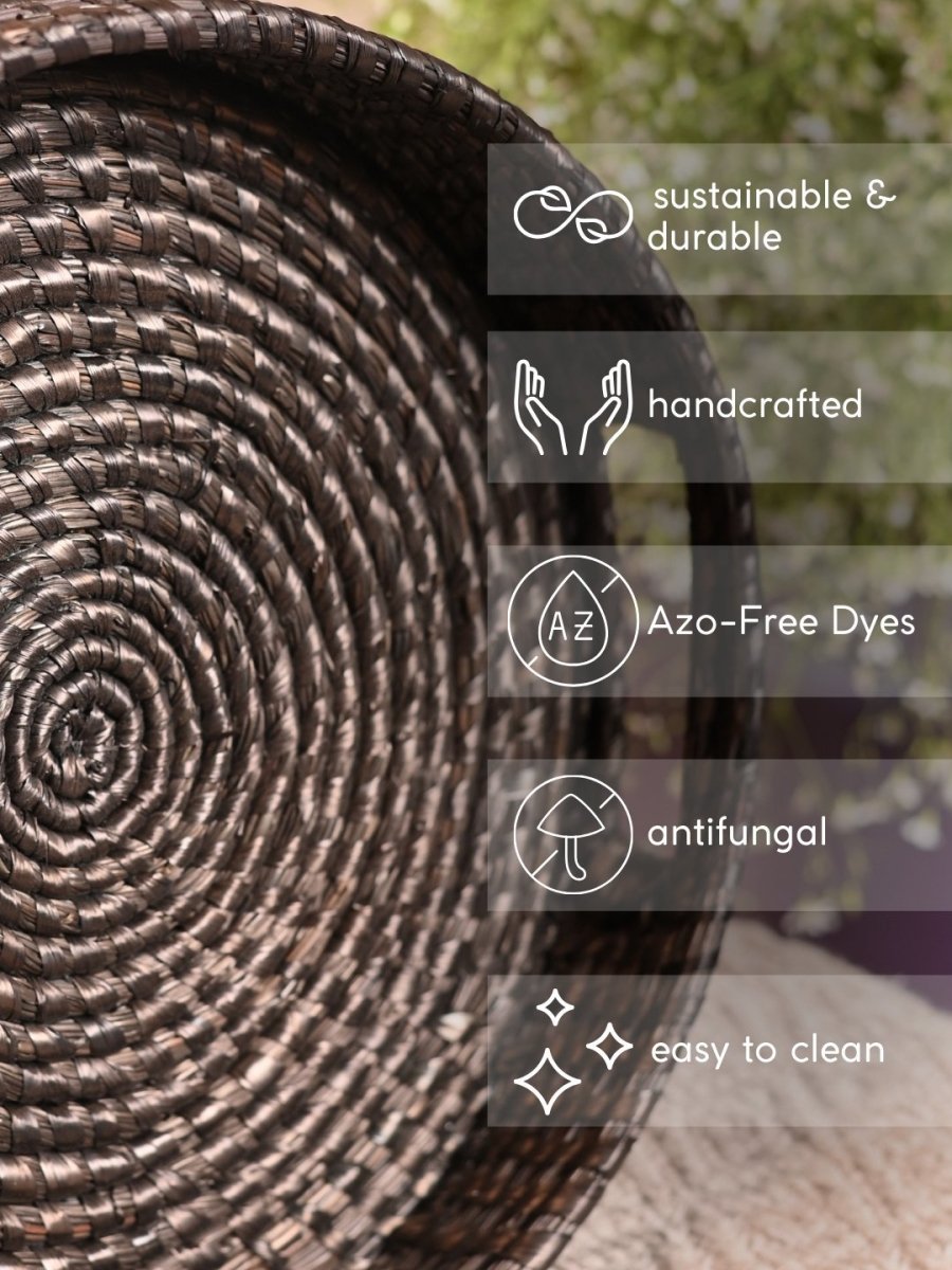 Handmade Moonj Round Tray - Black - Kadam Haat