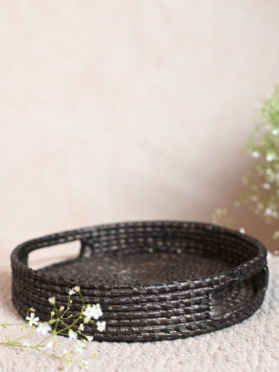 Handmade Moonj Round Tray - Black - Kadam Haat