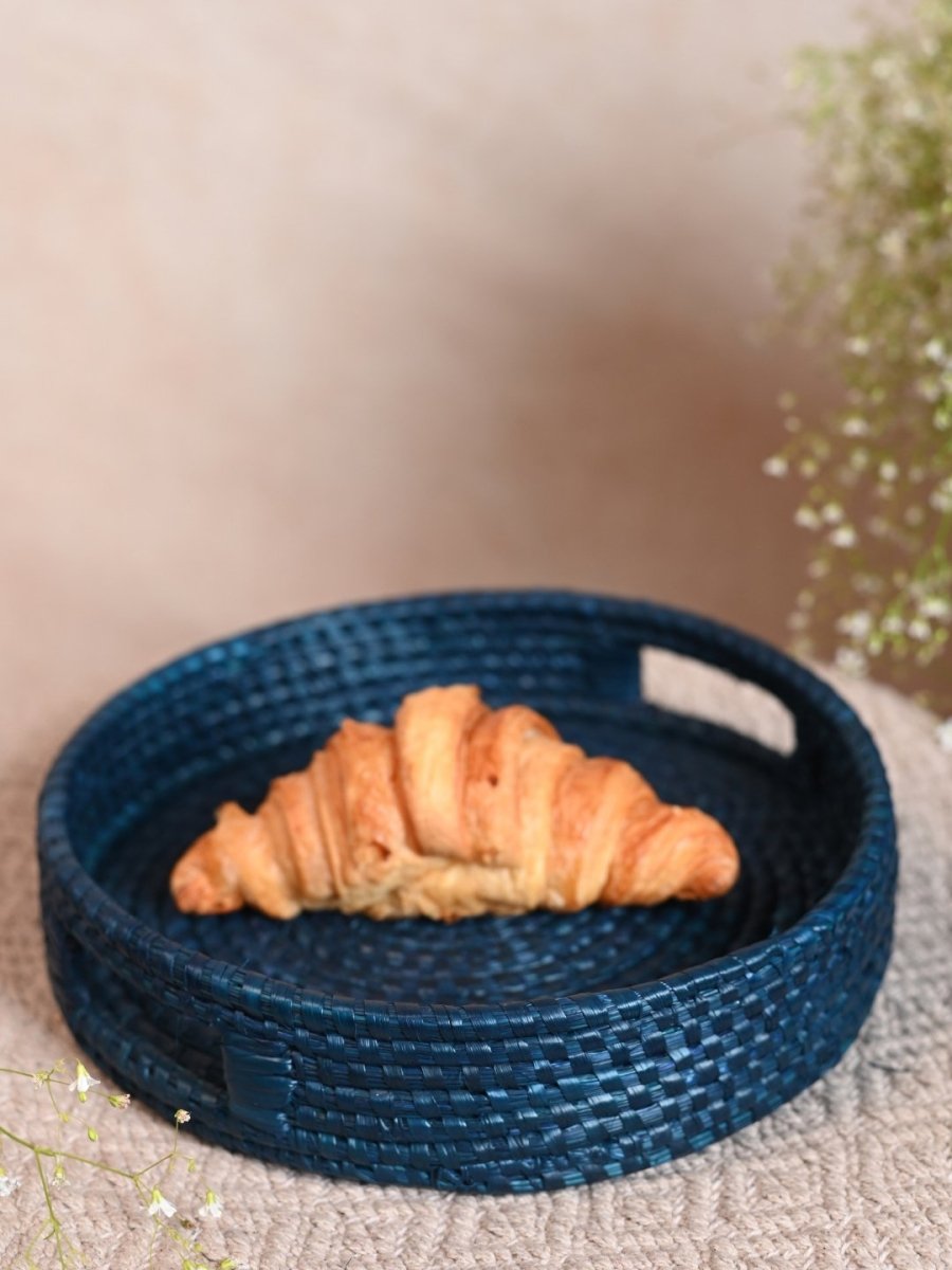 Handmade Moonj Round Tray - Indigo - Kadam Haat