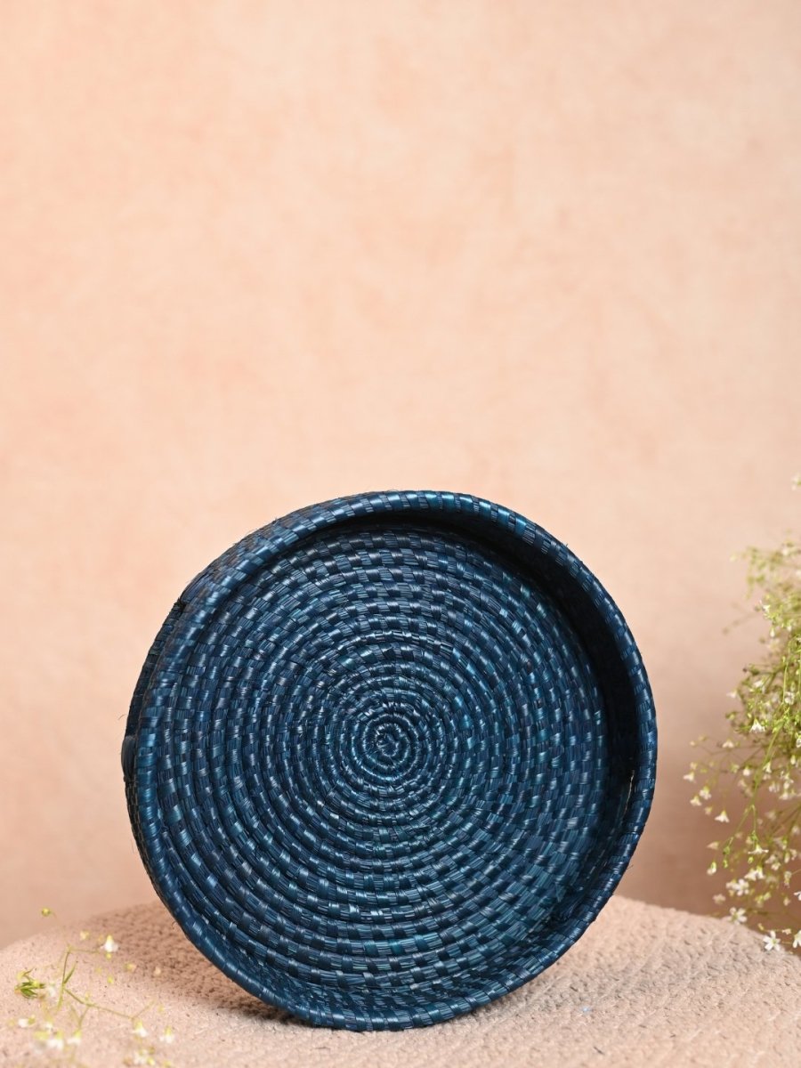 Handmade Moonj Round Tray - Indigo - Kadam Haat