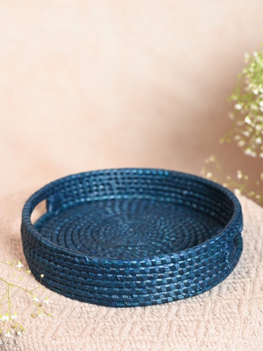 Handmade Moonj Round Tray - Indigo - Kadam Haat