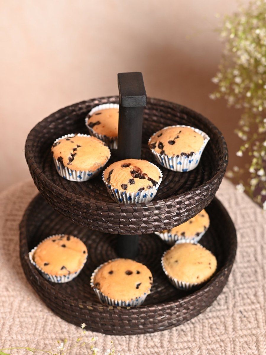 Handmade Moonj Two Tier Basket - Black - Kadam Haat