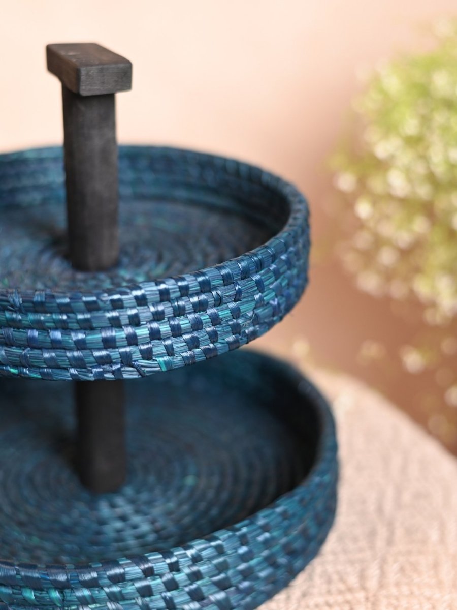 Handmade Moonj Two Tier Basket - Indigo - Kadam Haat