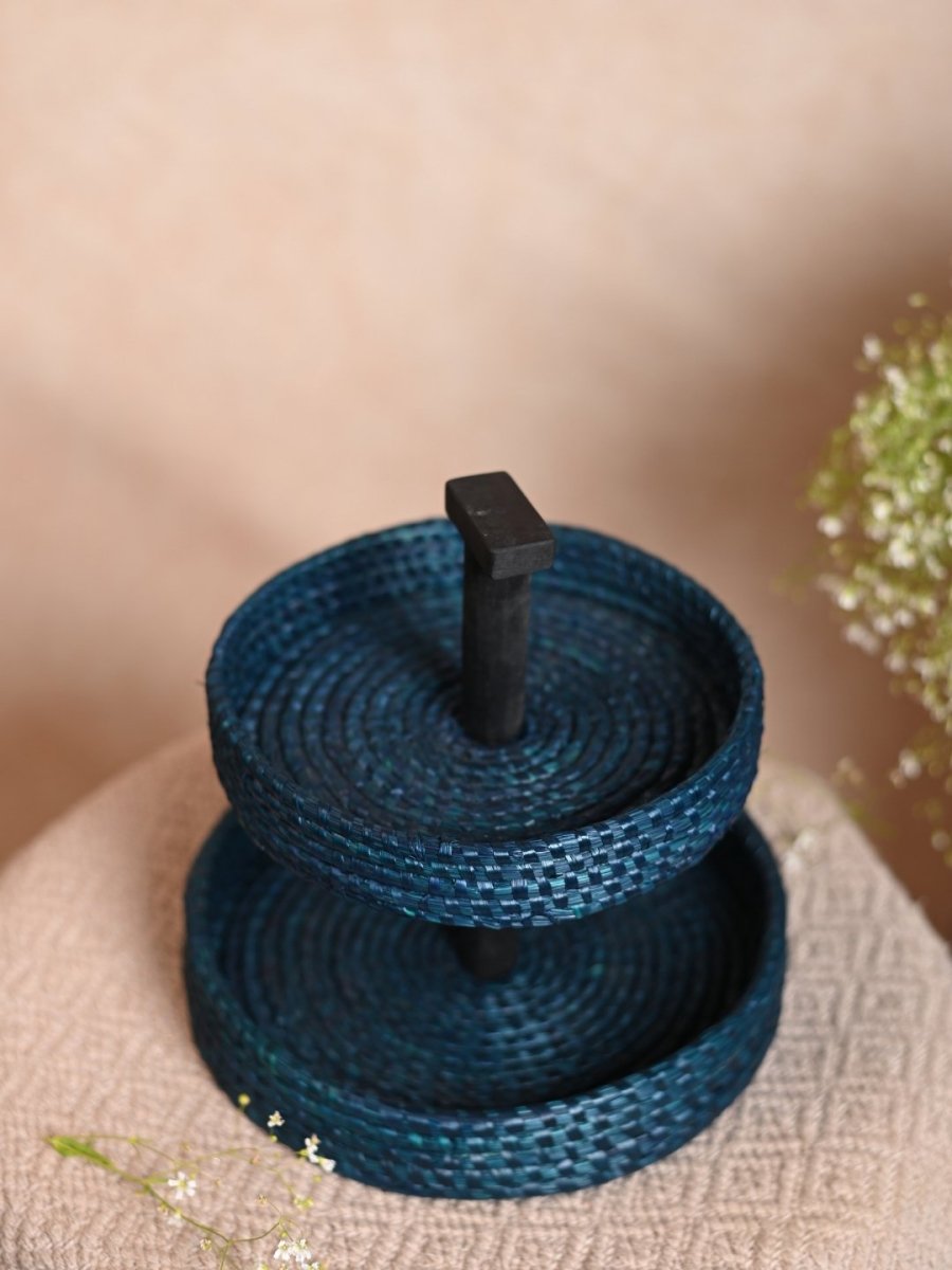 Handmade Moonj Two Tier Basket - Indigo - Kadam Haat