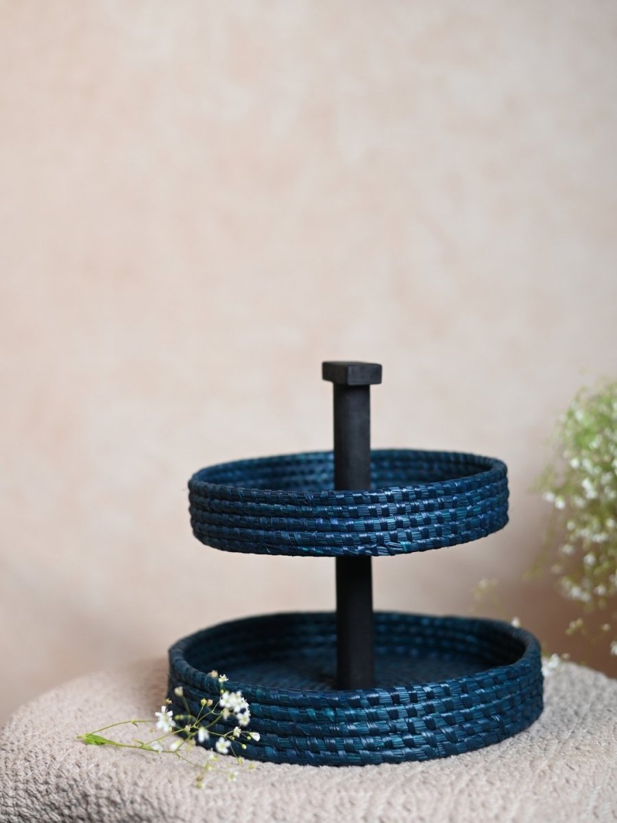 Handmade Moonj Two Tier Basket - Indigo - Kadam Haat