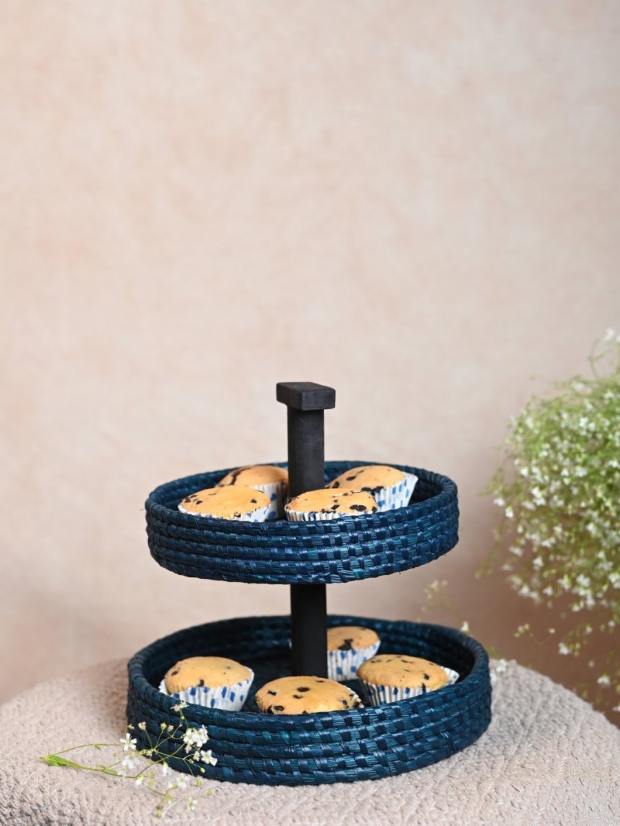 Handmade Moonj Two Tier Basket - Indigo - Kadam Haat