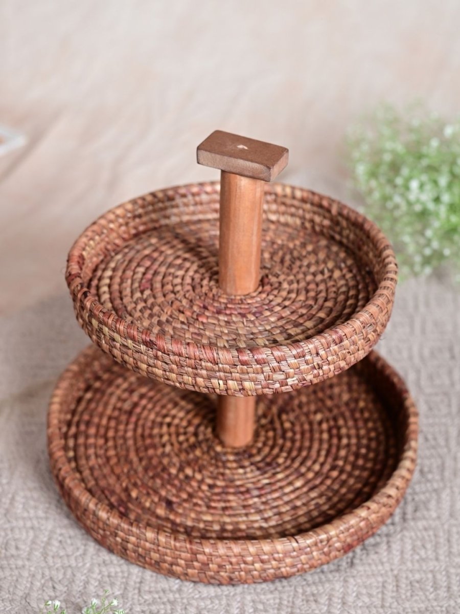 Handmade Moonj Two Tier Basket - Natural - Kadam Haat