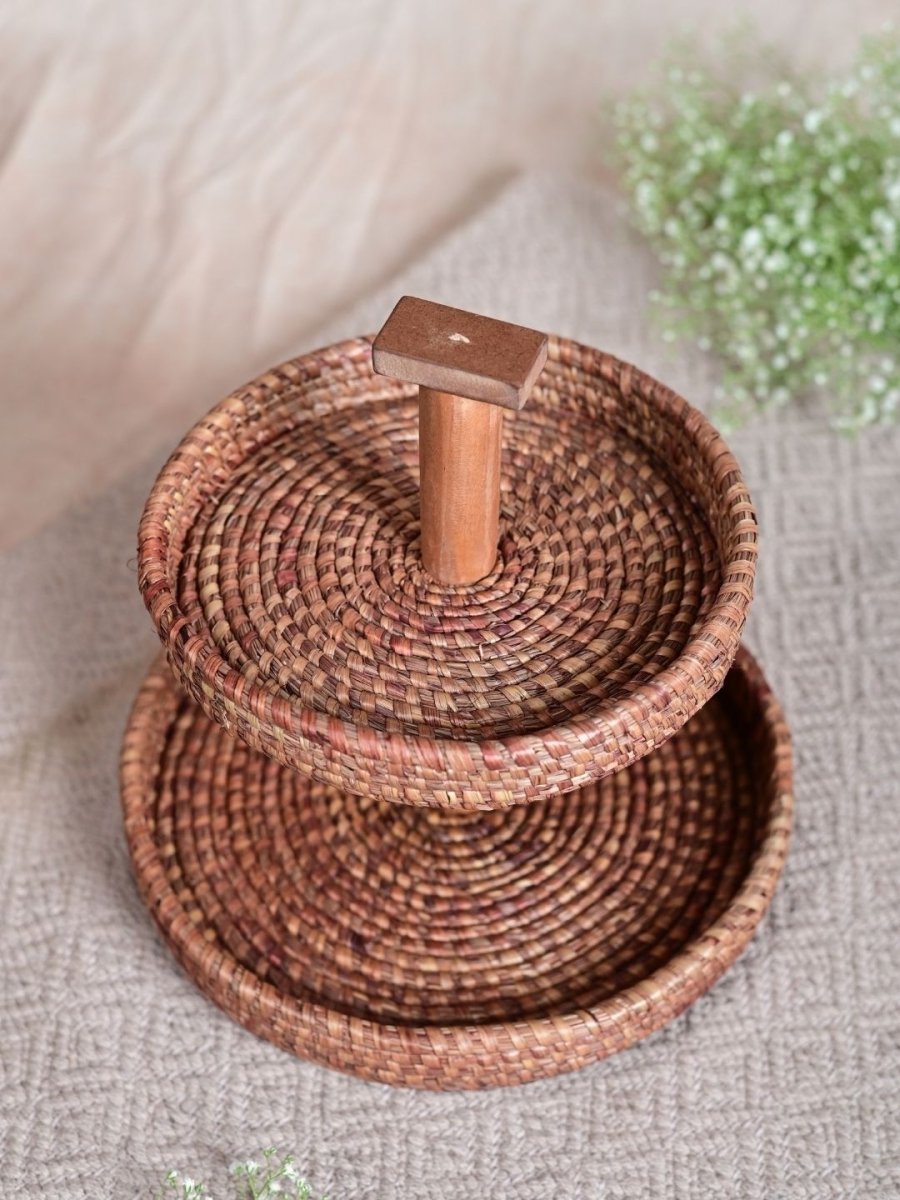 Handmade Moonj Two Tier Basket - Natural - Kadam Haat