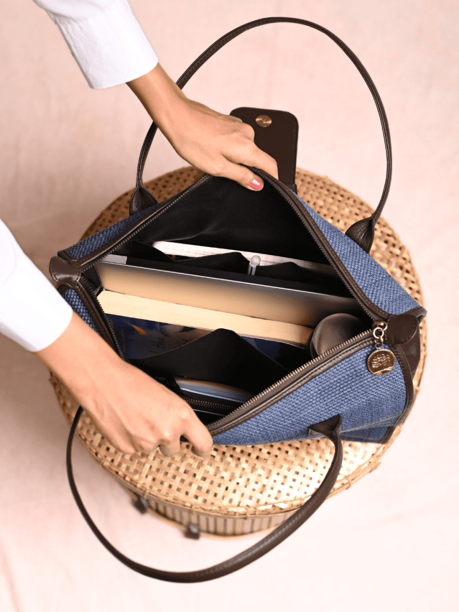 Handmade Roll - up Madurkathi Bag - Blue - Kadam Haat