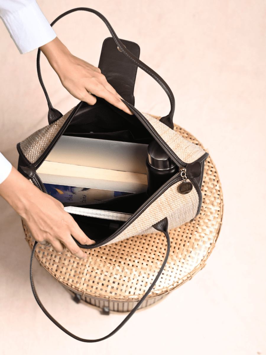 Handmade Roll - up Madurkathi Bag - Natural - Kadam Haat