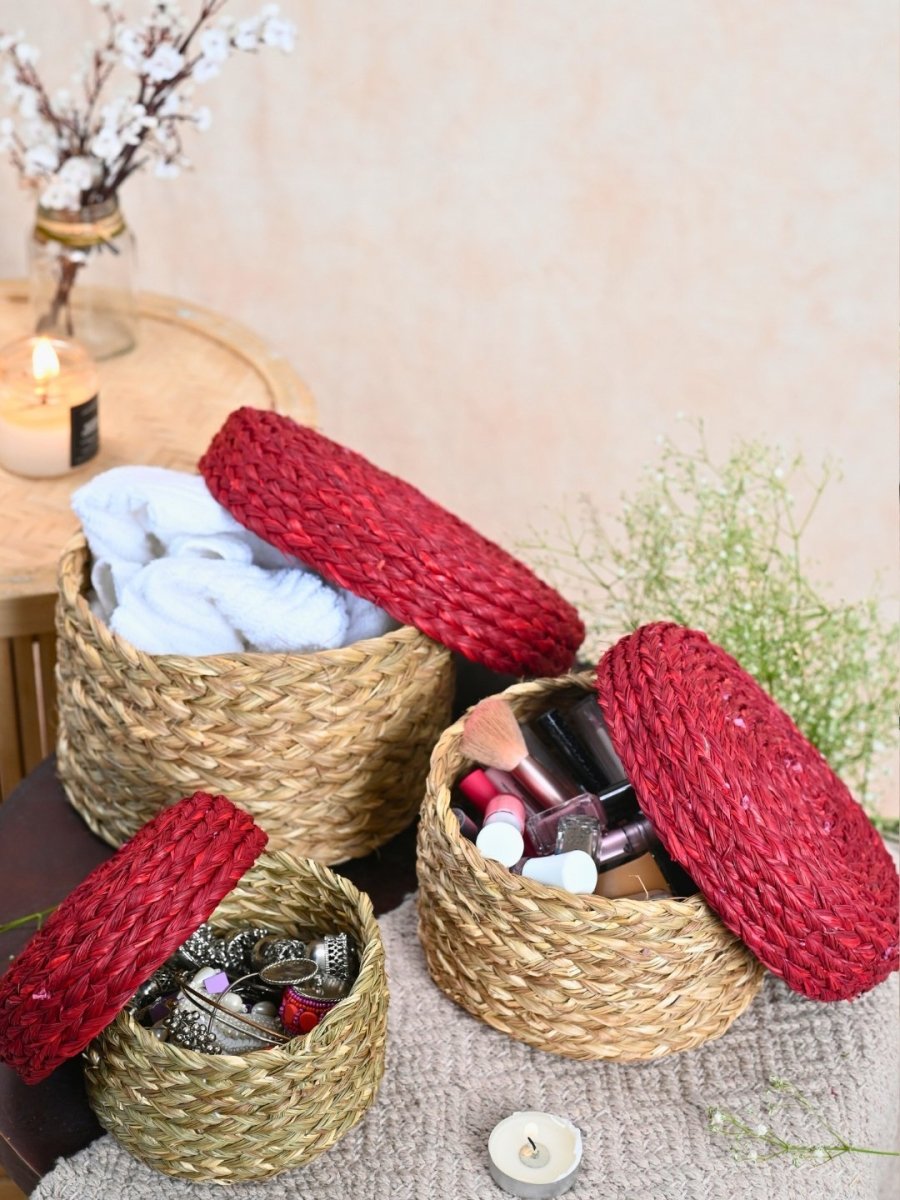 Handmade Sabai Gift Box - Red | Set of 3 - Kadam Haat