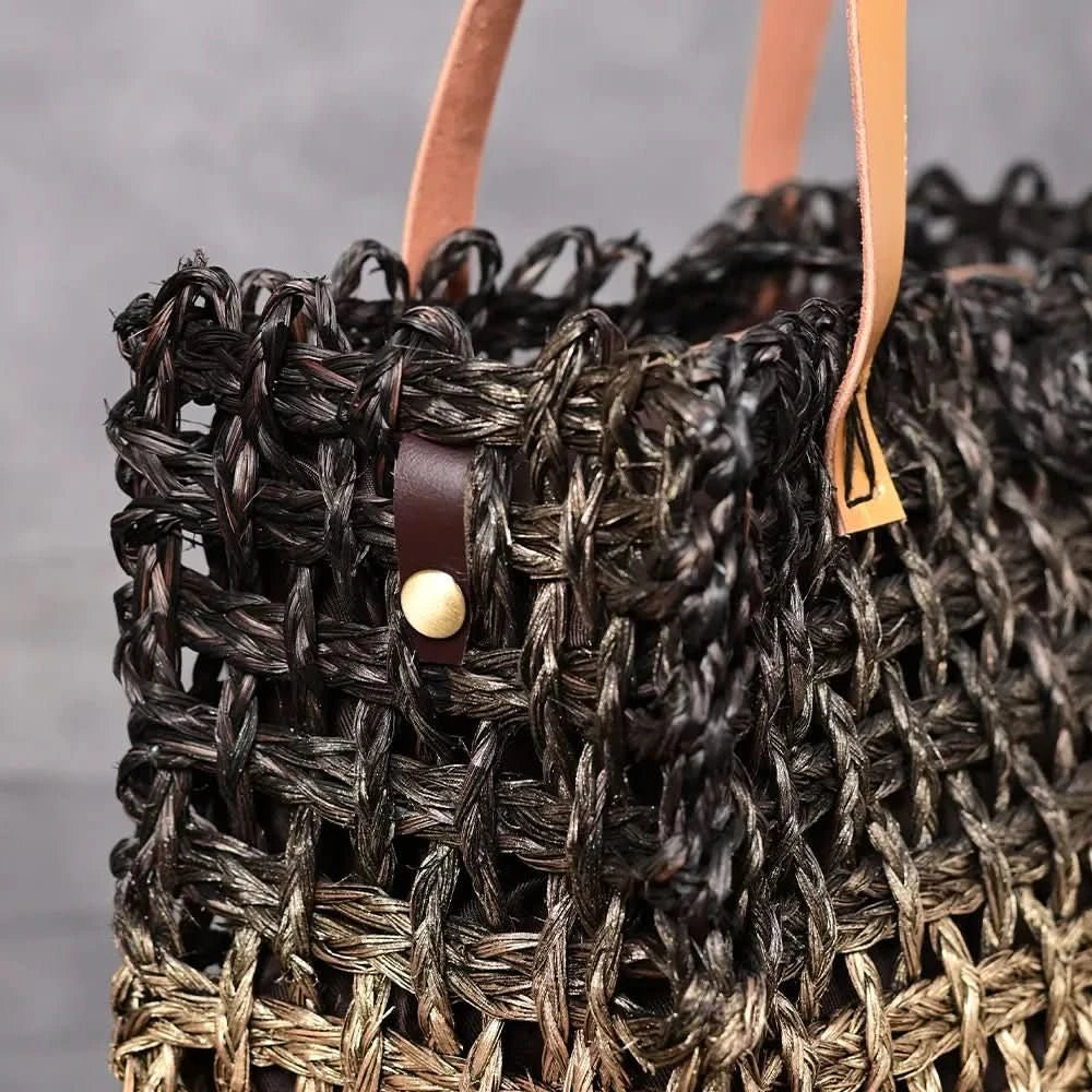 Handmade Sabai Grass Large Mesh Bag - Black and Gold - Kadam Haat