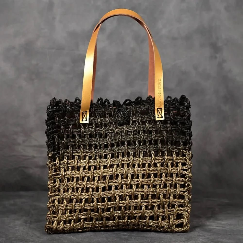 Handmade Sabai Grass Large Mesh Bag - Black and Gold - Kadam Haat