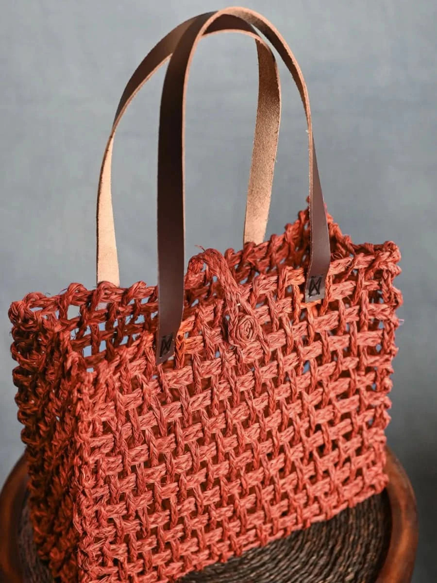 Handmade Sabai Grass Large Mesh Bag - Orange - Kadam Haat