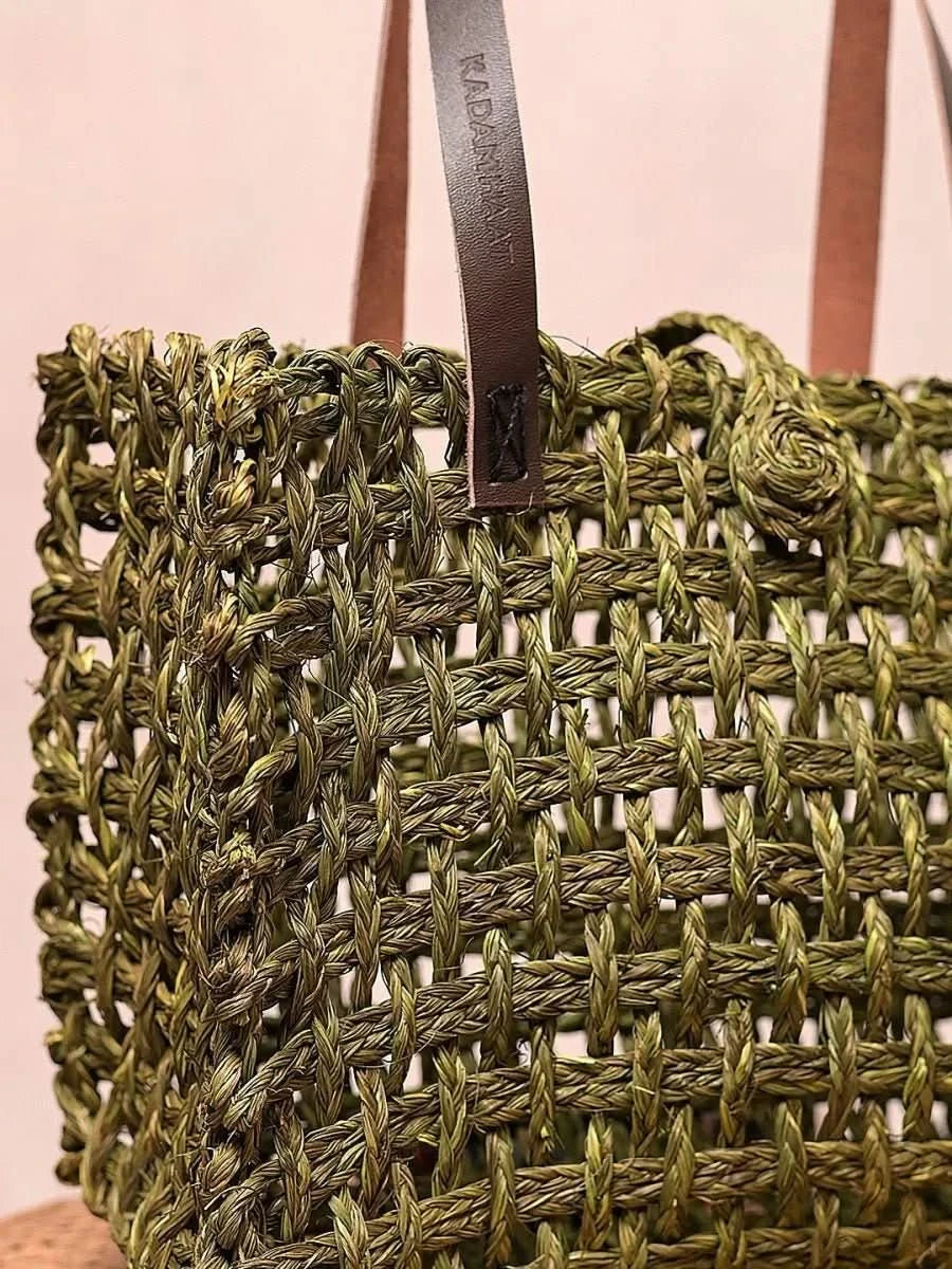Handmade Sabai Grass Large Mesh Tote Bag - Avocado - Kadam Haat