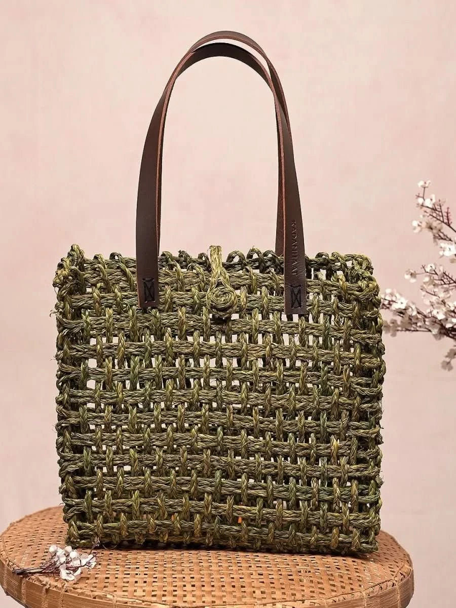 Handmade Sabai Grass Large Mesh Tote Bag - Avocado - Kadam Haat