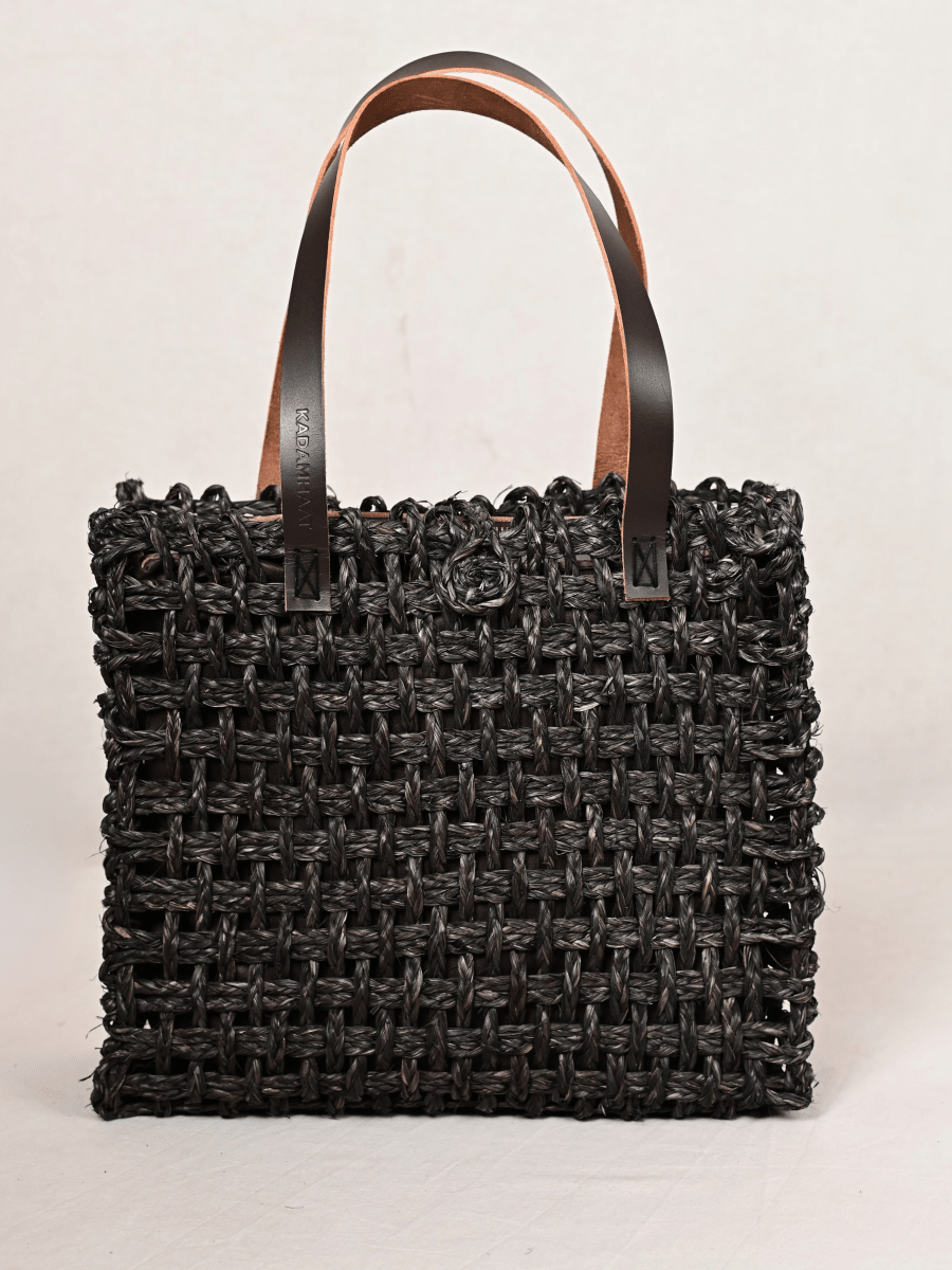 Handmade Sabai Grass Large Mesh Tote Bag - Black - Kadam Haat