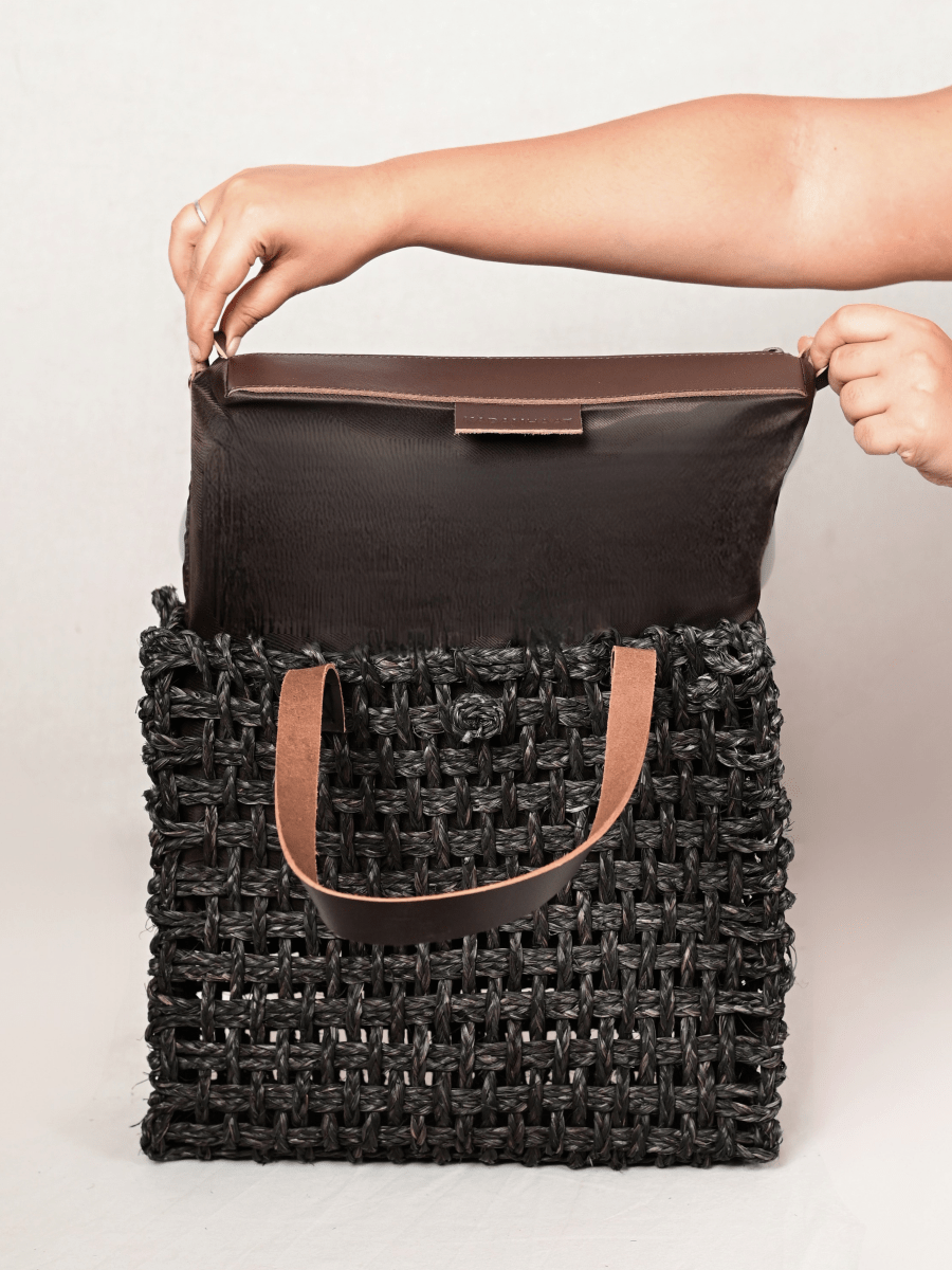 Handmade Sabai Grass Large Mesh Tote Bag - Black - Kadam Haat