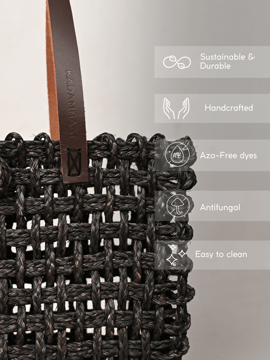 Handmade Sabai Grass Large Mesh Tote Bag - Black - Kadam Haat