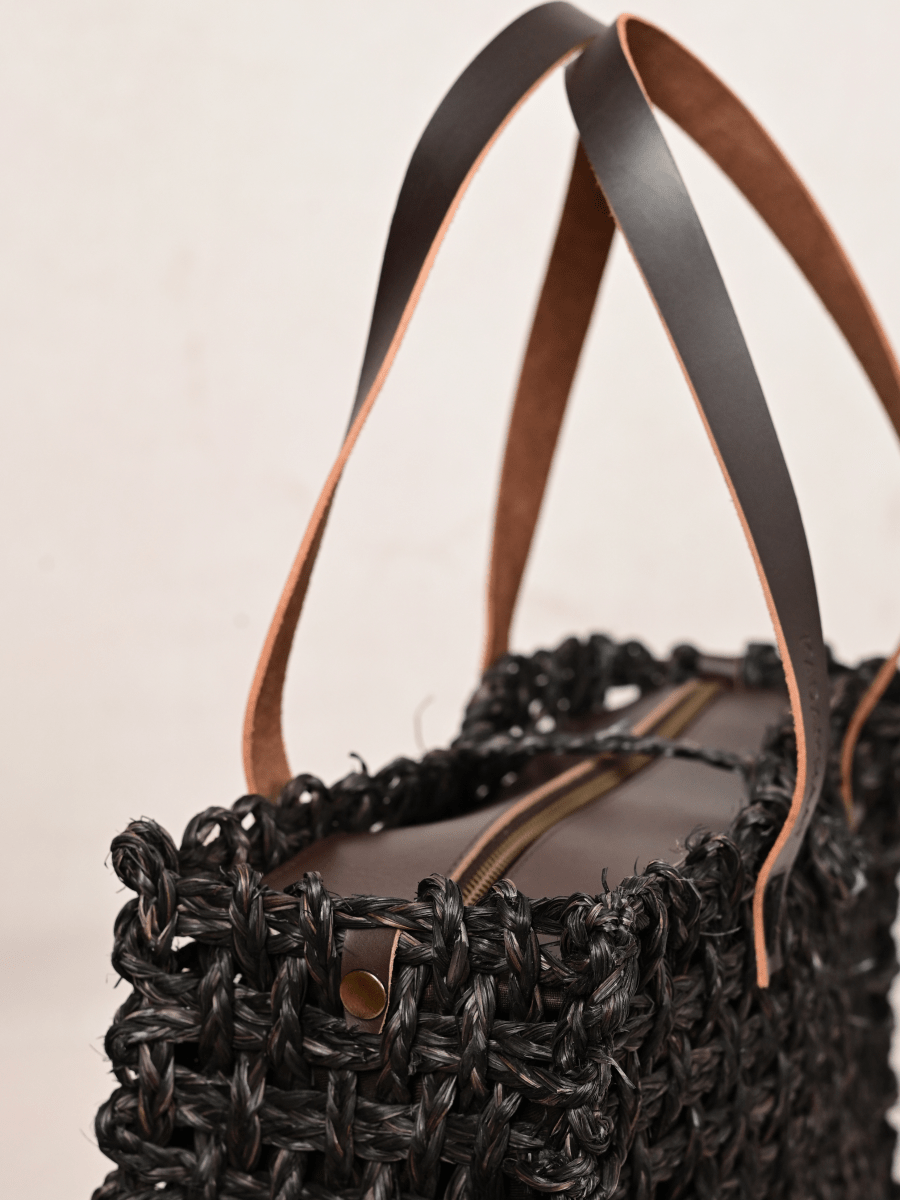 Handmade Sabai Grass Large Mesh Tote Bag - Black - Kadam Haat