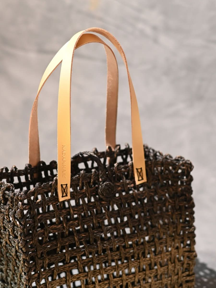 Handmade Sabai Grass Large Mesh Tote Bag - Black and Gold - Kadam Haat
