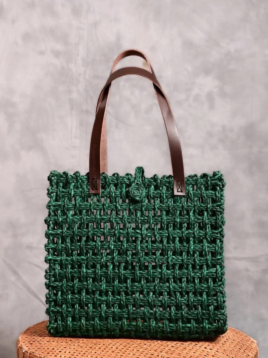 Handmade Sabai Grass Large Mesh Tote Bag- Green - Kadam Haat