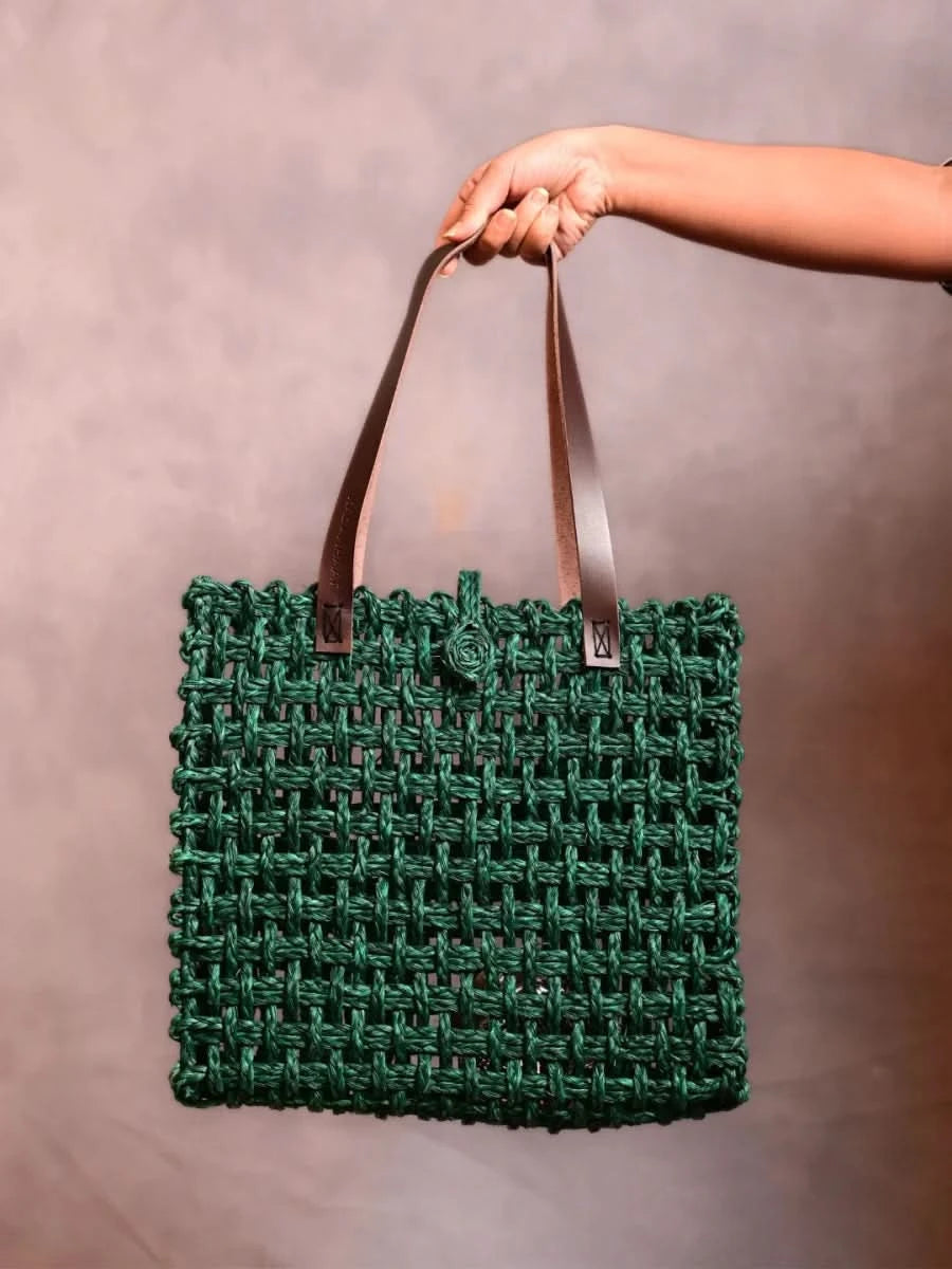 Handmade Sabai Grass Large Mesh Tote Bag- Green - Kadam Haat