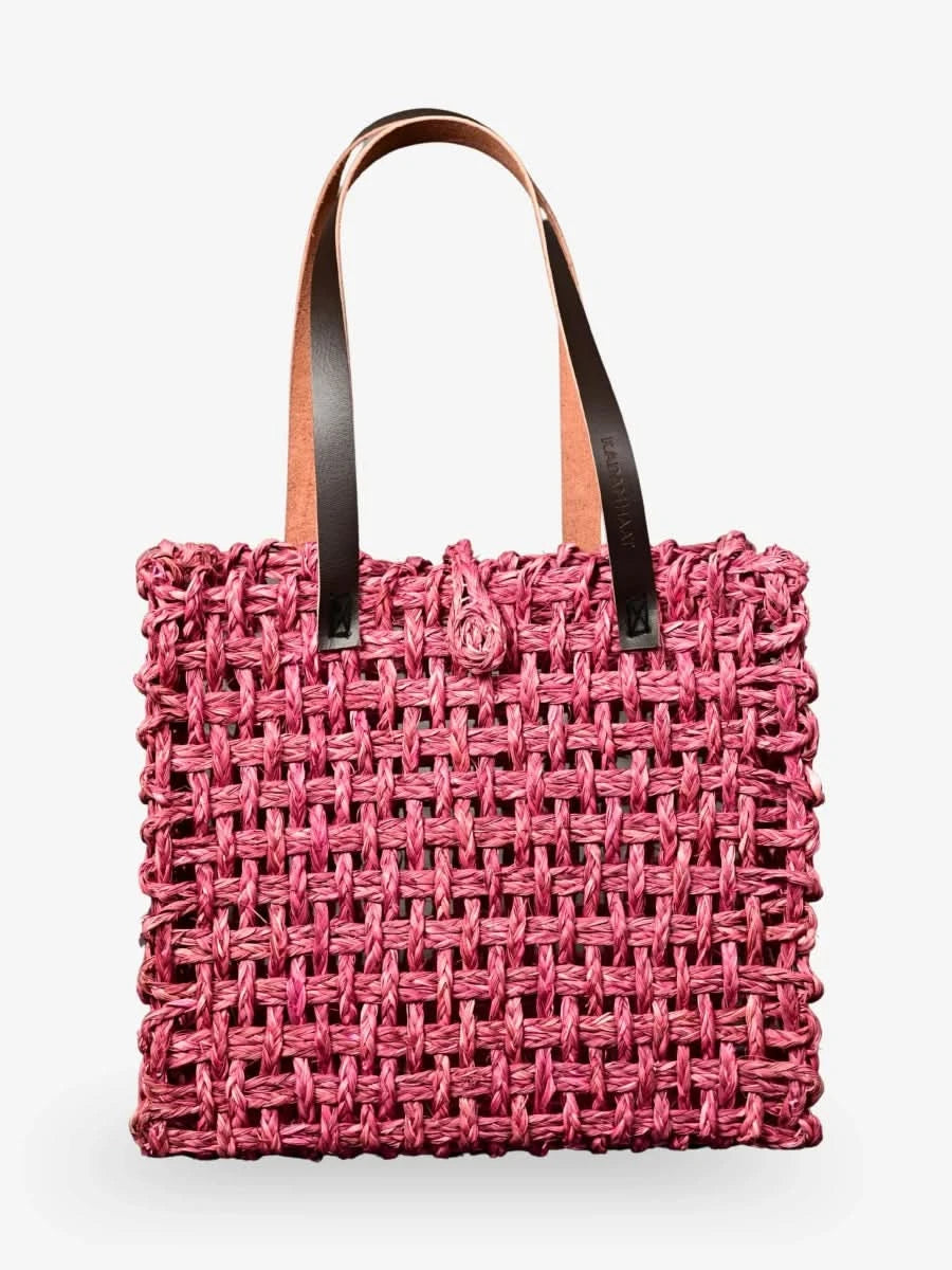 Handmade Sabai Grass Large Mesh Tote Bag - Pink - Kadam Haat