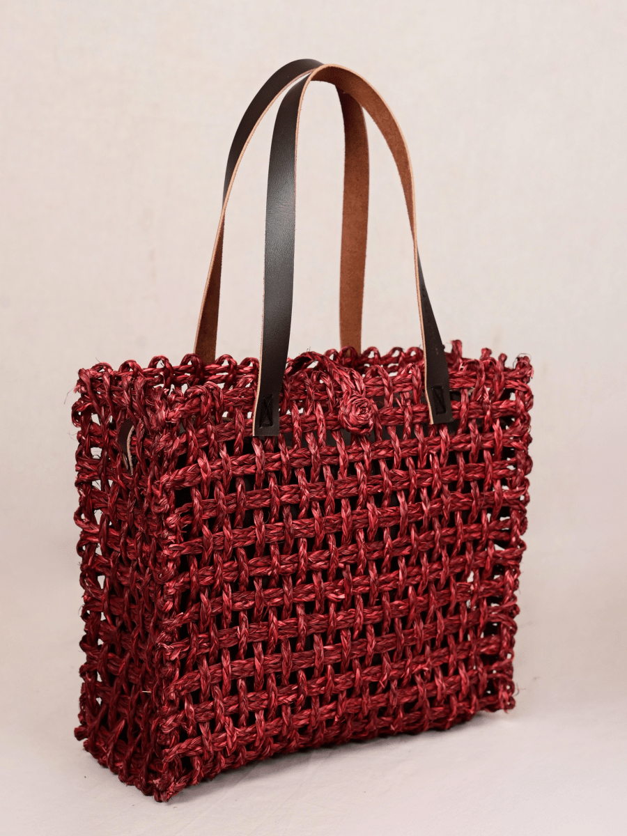 Handmade Sabai Grass Large Mesh Tote Bag - Wine - Kadam Haat