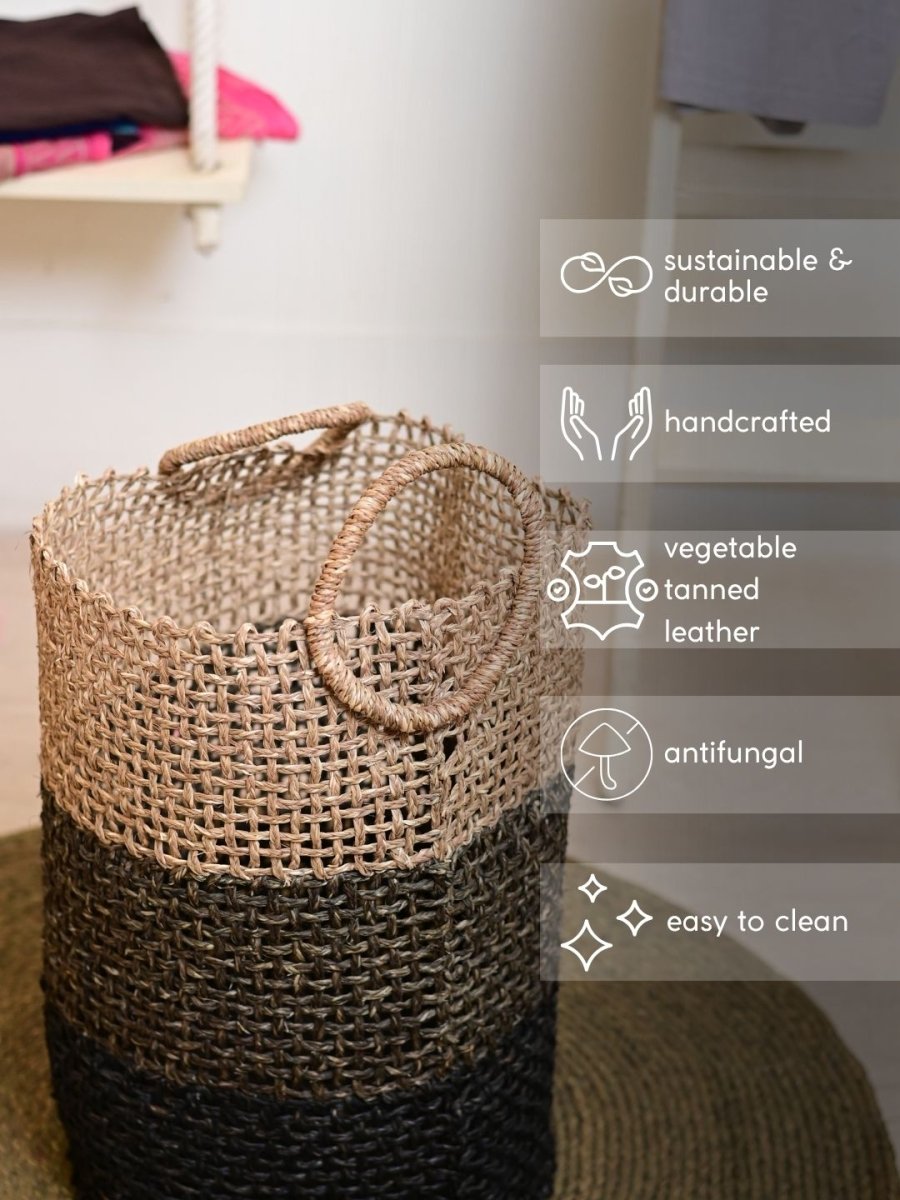 Handmade Sabai Grass Laundry Basket - Black - Kadam Haat