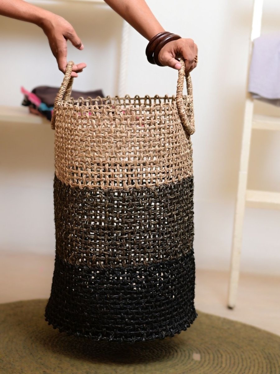 Handmade Sabai Grass Laundry Basket - Black - Kadam Haat