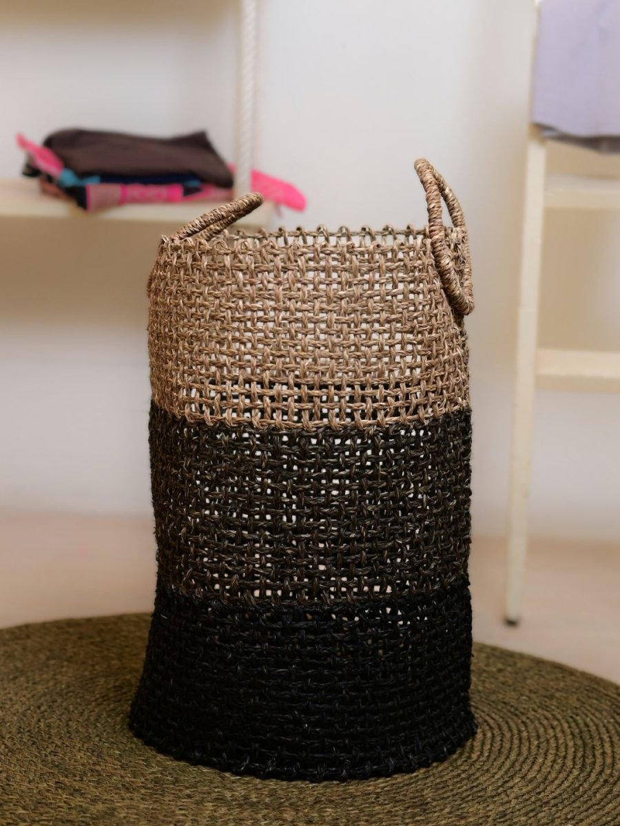 Handmade Sabai Grass Laundry Basket - Black - Kadam Haat