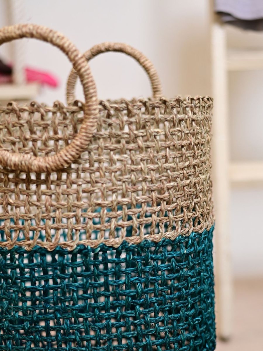 Handmade Sabai Grass Laundry Basket - Indigo - Kadam Haat