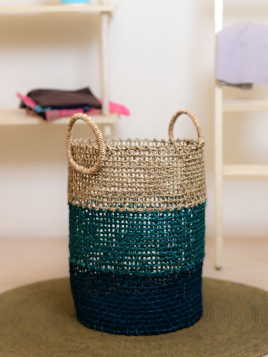 Handmade Sabai Grass Laundry Basket - Indigo - Kadam Haat