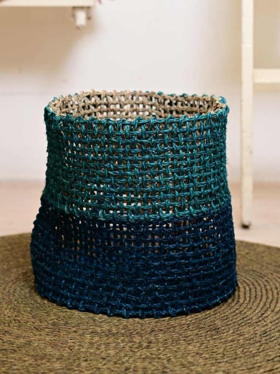 Handmade Sabai Grass Laundry Basket - Indigo - Kadam Haat