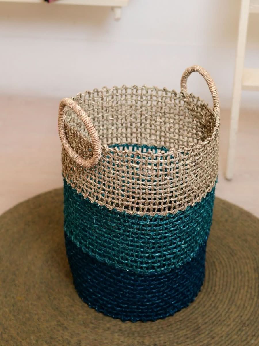 Handmade Sabai Grass Laundry Basket - Indigo - Kadam Haat
