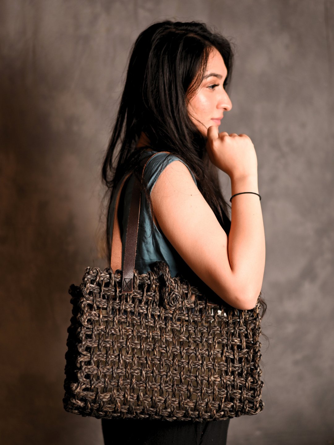 Handmade Sabai Grass Mesh Bag - Black - Kadam Haat