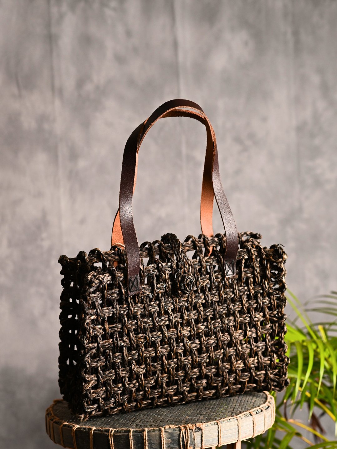 Handmade Sabai Grass Mesh Bag - Black - Kadam Haat