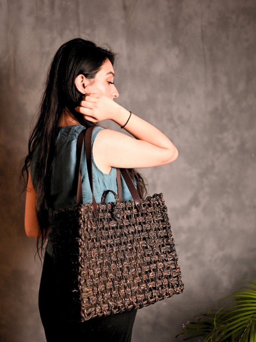 Handmade Sabai Grass Mesh Bag - Black - Kadam Haat