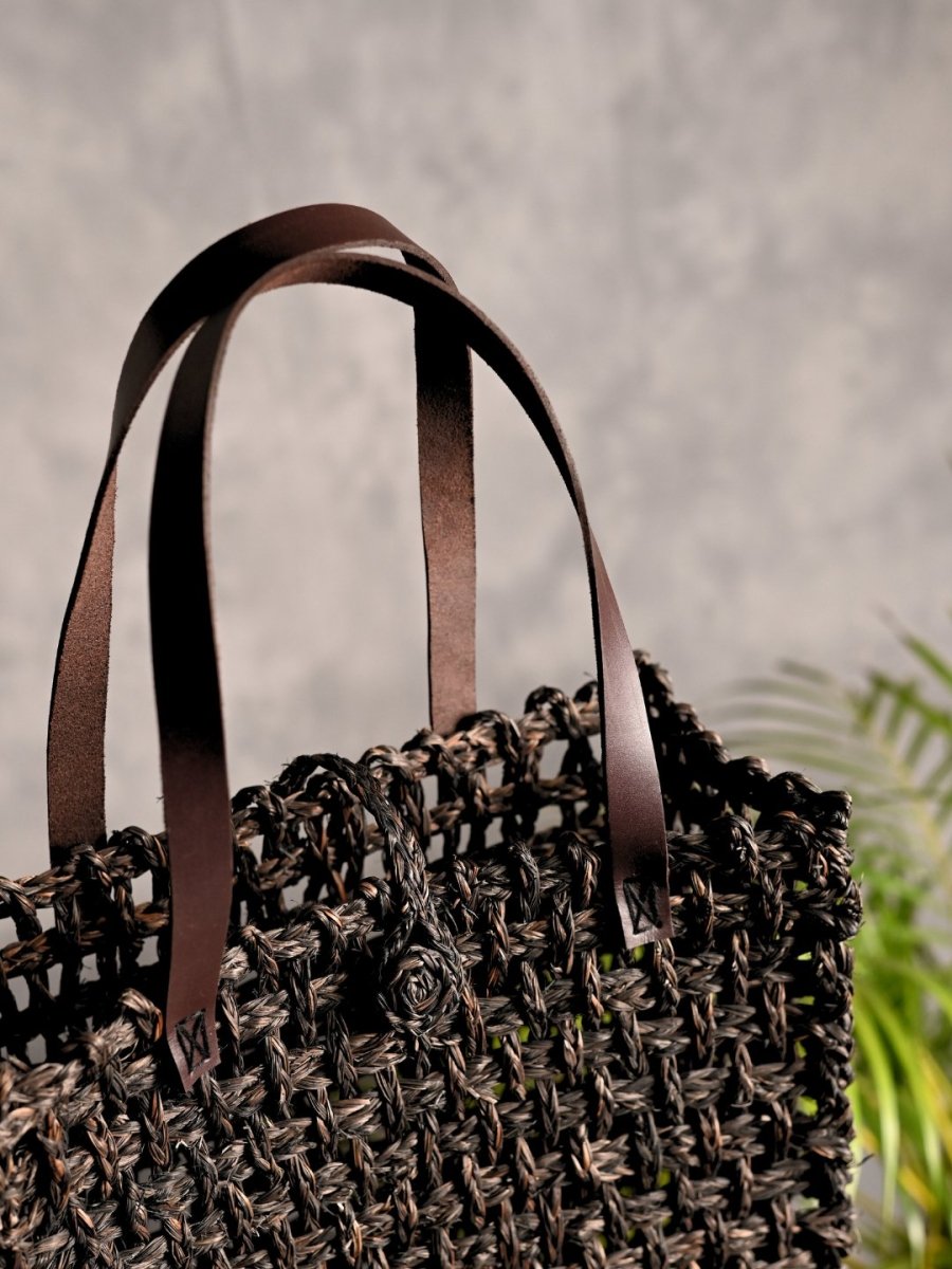 Handmade Sabai Grass Mesh Bag - Black - Kadam Haat