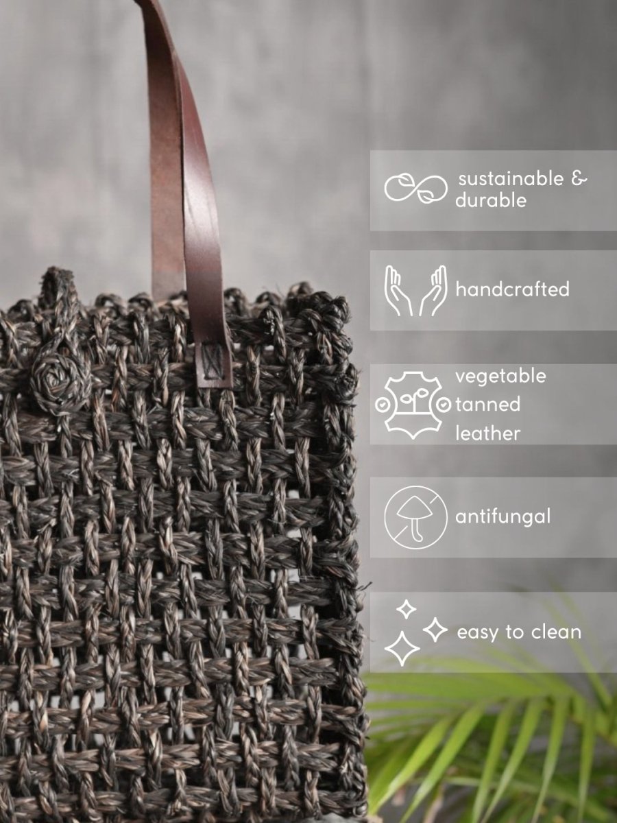 Handmade Sabai Grass Mesh Bag - Black - Kadam Haat