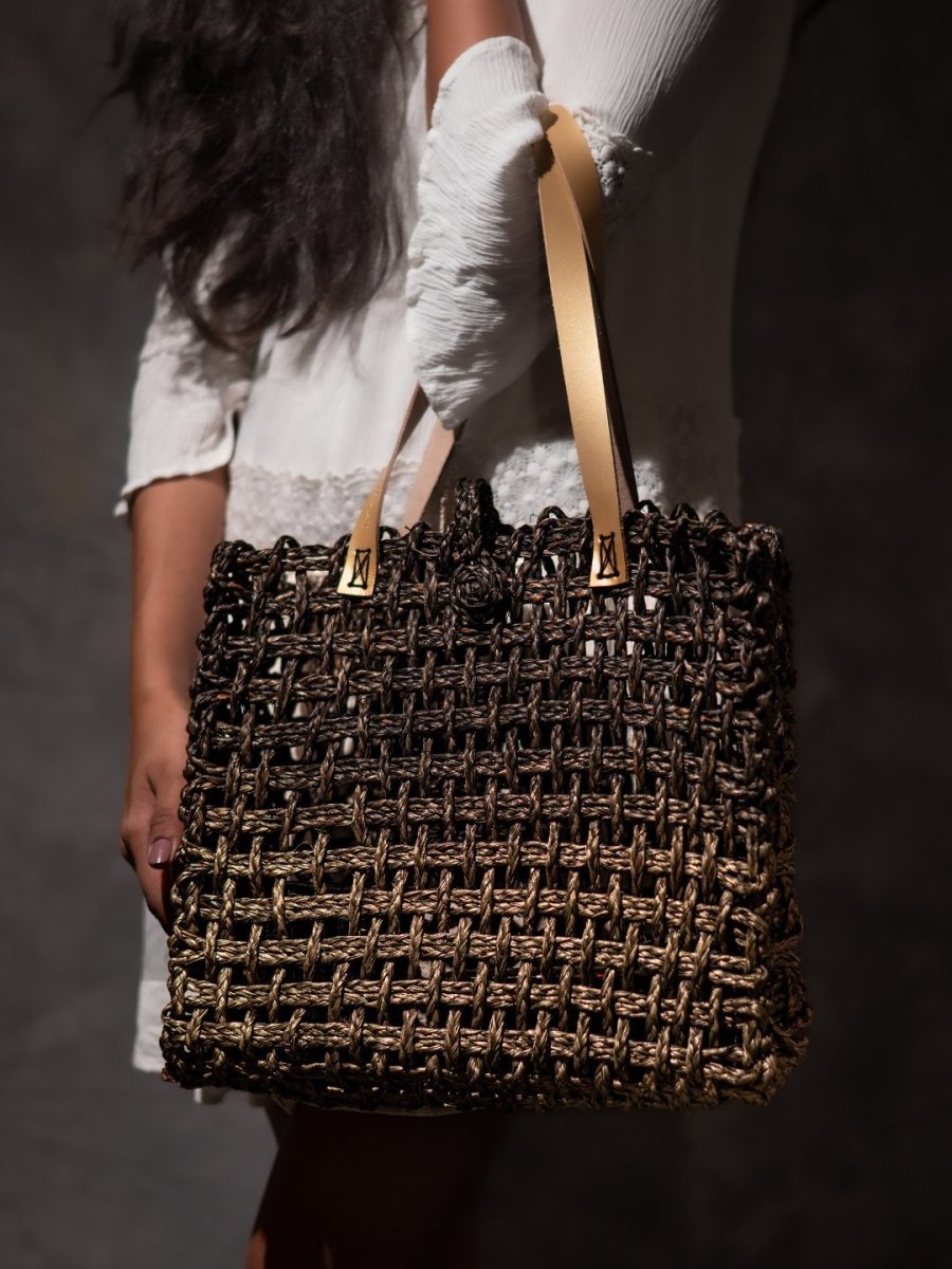 Handmade Sabai Grass Mesh Bag - Black and Gold - Kadam Haat