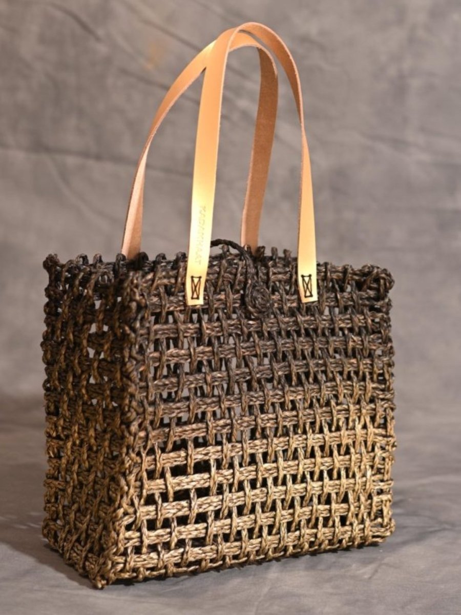 Handmade Sabai Grass Mesh Bag - Black and Gold - Kadam Haat
