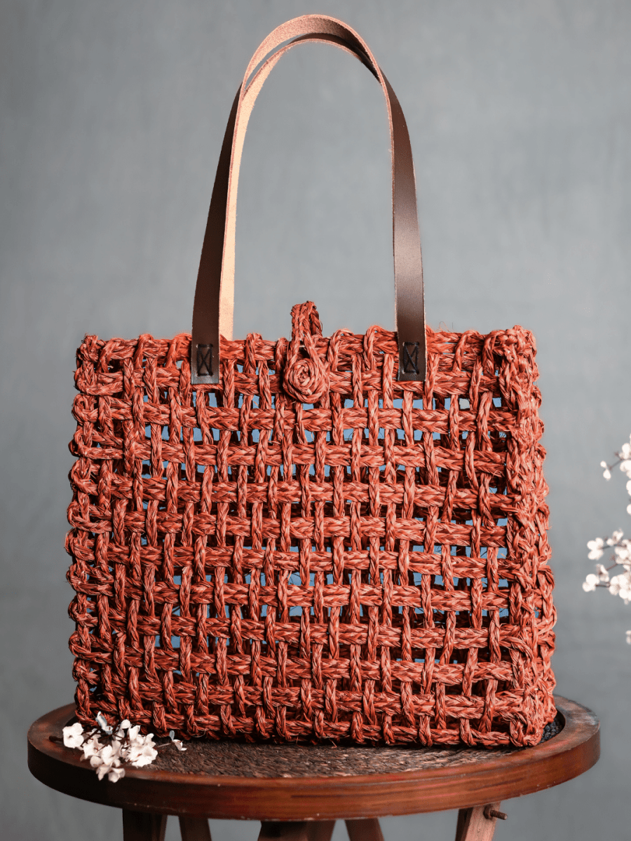 Handmade Sabai Grass Mesh Bag - Orange - Kadam Haat
