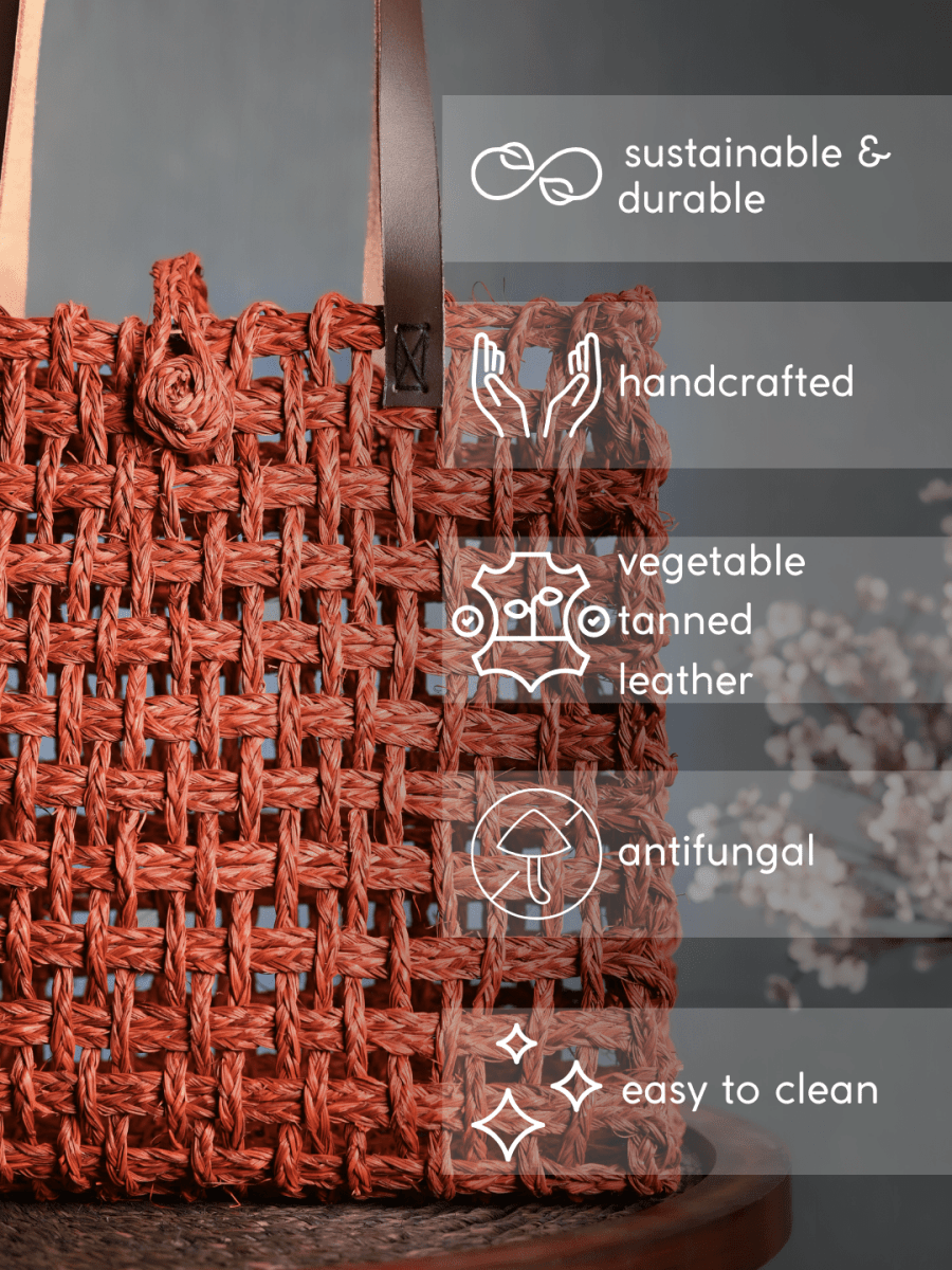 Handmade Sabai Grass Mesh Bag - Orange - Kadam Haat