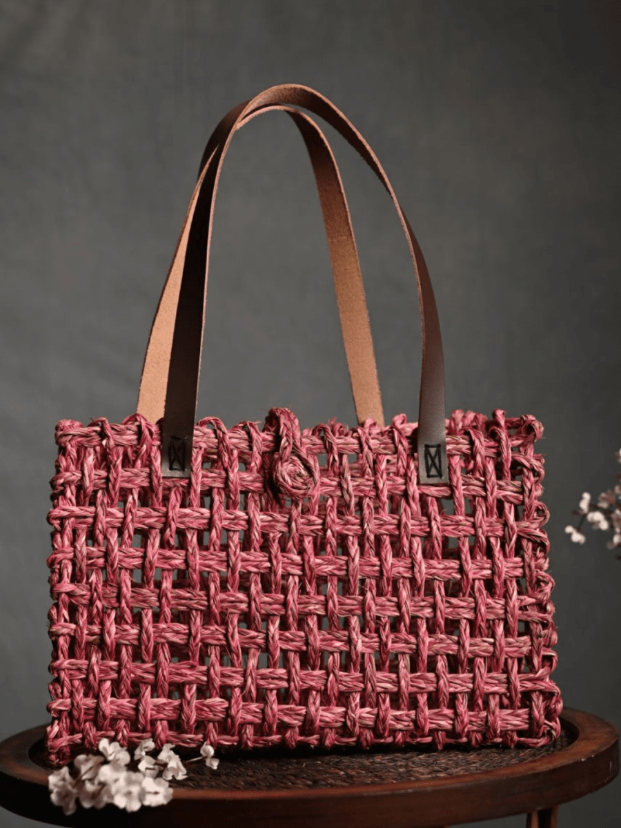 Handmade Sabai Grass Mesh Bag - Pink - Kadam Haat