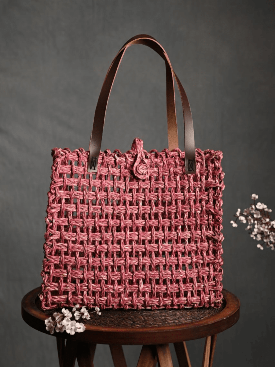 Handmade Sabai Grass Mesh Bag - Pink - Kadam Haat